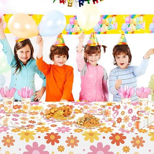 Groovy Party Supplies Daisy Groovy Tableware Set Serves 24 Include Boho Daisy Tablecloth Hippie Tableware Set for Boho Hippie Retro Birthday Baby Shower Party Decor thumbnail 2