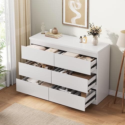 Jocoevol Modern White 6 Drawer Dresser - Simply Chest of Drawers for Bedroom, Closet, Living Room, Hallway, Entryway, Wood Storage Double Dresser with Smooth Metal Rails - White - White thumbnail 6