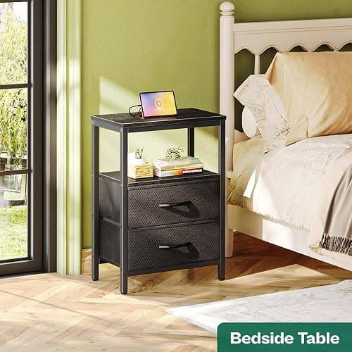 Huuger Nightstand with Charging Station, Side Table with 2 Fabric Drawers, End Table with Open Shelf, Bedside Table with USB-C Port and Outlets, Night Stand for Bedroom, Black thumbnail 2