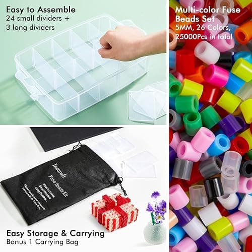 Fuse Beads Kit, INSCRAFT 25,000 pcs 26 Colours 5MM, Including 127 Patterns, 4 Big Square, 1 Heart Pegboards, 1 Flower Ironing Paper, Tweezers, Iron Beads for Craft Making thumbnail 3