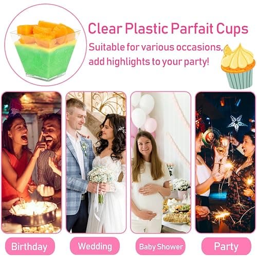 100 Pack 3.5 oz Plastic Dessert Cups with Spoons,Clear Square Mini Dessert Cups,Small Tumbler Appetizer Cups Parfait Cups for Desserts,Mousse,Puddings,Party Supplies thumbnail 5