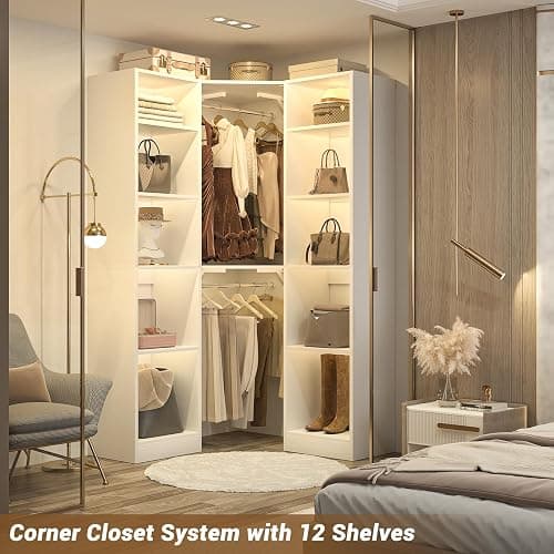 Besiost Corner Closet System with 12 Shelves, 39.2" Corner Closet Organizer System with 2 Hanging Rods, Versatile 6-Tier Walk-in Closets for Corner Space, White (39.2" L x 39.2" W x 80" H) thumbnail 2