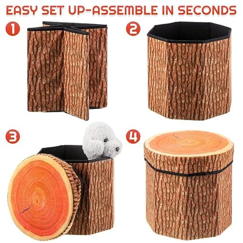 Amylove 3 Pack Tree Stump Storage Stool 12 x 12 Inch Stool Ottoman, Cute Folding Storage Toy Box with Foam Cushion, Collapsible Seat Chest (Classic) thumbnail 4