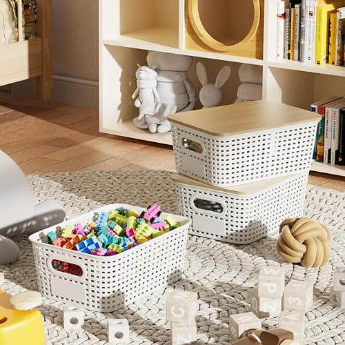 Plastic Storage Bins with Bamboo Lid - Plastic Storage Baskets with Lid - Stackable Container with Lable for Organizing: Small Storage Box for Shelves Office Cabinet Drawer ,10x7.2x4 In - White 6 Pcs thumbnail 8