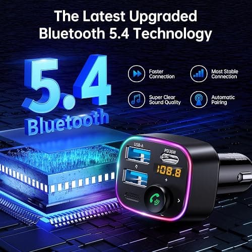 Syncwire Bluetooth 5.4 FM Transmitter Car Adapter 48W (PD 36W & 12W) [Light Switch] [HiFi Bass Sound] [Fast Charging] Wireless Radio Music Adapter LED Display Hands-Free Calling Support USB Drive thumbnail 2