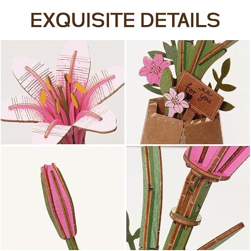 ROBOTIME 3D Wooden Lily Flower Puzzle TW071 - DIY Assembly Model Kit, Artificial Wood Flowers for Home Decoration, Relaxing Crafts for Adults, Valentine's Gift thumbnail 3