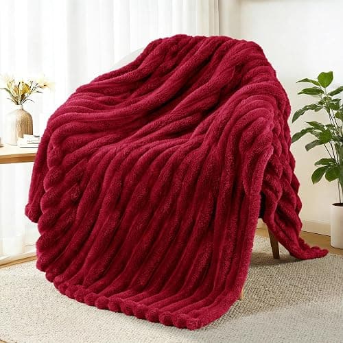 Exclusivo Mezcla Fleece Throw Blanket for Couch, Super Soft Striped Jacquard Bed Blanket, Lightweight Fuzzy Cozy for All Seasons, 50x60 Inches, Deep Red - Image 1