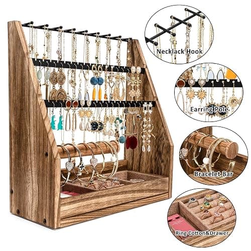 DGWJSU Jewelry Organizer Stand, 5 Layer Earring Holder Organizer with Necklace Holder, Rustic Wood Earring Organizer Display for Stud Earring Bracelet Necklace Ring, Watches thumbnail 6