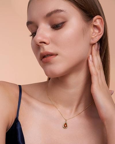 18K gold plated Brown Amber Teardrop CZ Stacked Pendant Necklace for Women by SNGIA, Dainty Drop Layered Trendy Gemstone Charm Statement Jewelry Gifts, Bohemian Vintage Handmade Unique Exaggerated Cute Thin Skinny Chain Necklace, Summer Beach Fashion Nickle Free Rhinestone Accessories thumbnail 2