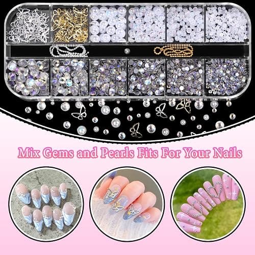 3D Assorted Nail Charms Gems, Bow Bowknot Butterfly Flower Acrylic Nail Art Charms, Half Round Nail Pearl and Rhinetones Charms for DIY Nail Art Accessories thumbnail 5