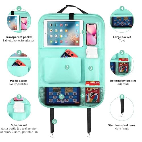 LUCMO Car Backseat Organizer with Tablet Holder-2 Pcs,6 Storage Pockets Car Storage Organizer with Foldable Food Tray,Protectors Kick Mats Travel Accessories-Light Blue thumbnail 2