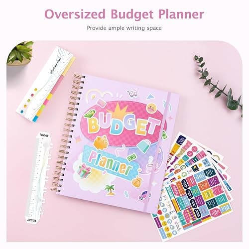 Ospelelf Oversized Budget Planner and Monthly Bill Organizer, Spiral Bindding Money Expense Tracker with Pockets & Stickers, 9" X 11" Large Pages for Spacious Writing, Original Fun Colorful Design, 12 Month Financial Notebook Pink thumbnail 9
