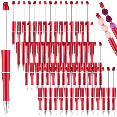 Qilery 60 Pcs Beadable Pens Bulk Bead Beaded Ballpoint Pen DIY Black Ink Gifts for Christmas Decoration Kids Girls Graduation Gift Office School Romantic Gift Supplies(Red) - Image 1