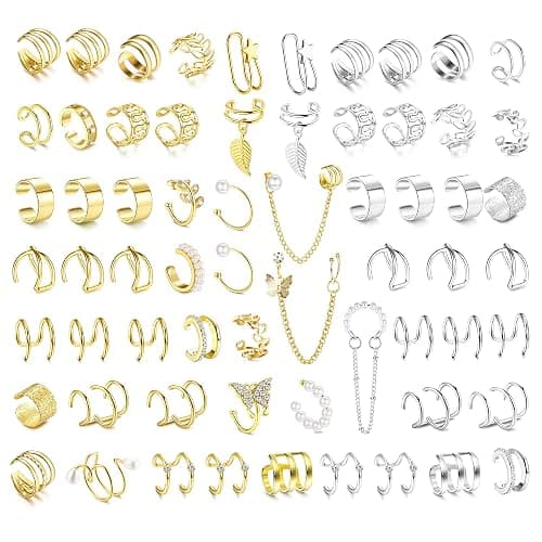 FINREZIO 64PCS Ear Cuff Earrings for Women, Non Piercing Clip On Wrap Cartilage Earrings Helix Ear Cartilage Ear Cuffs, Ear Clip Fake Earrings Adjustable - Image 1