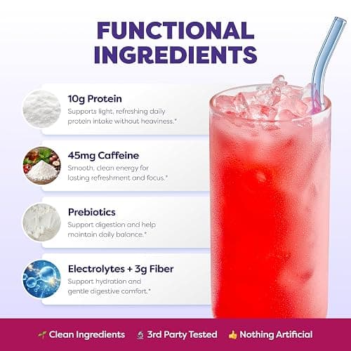 Javvy Clear Protein Powder with Clear Whey Protein, Strawberry Berry Acai | 10g Whey Protein & Collagen Peptides, Electrolyte Powder, Natural Flavors, 0g Sugar, 3g Fiber, 45mg Caffeine thumbnail 2
