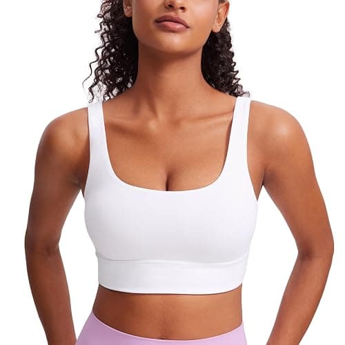 CRZ YOGA Butterluxe Womens U Back Sports Bra - Scoop Neck Padded Low Impact Yoga Clothes Workout Crop Top with Built in Pads - Large - White - Image 1