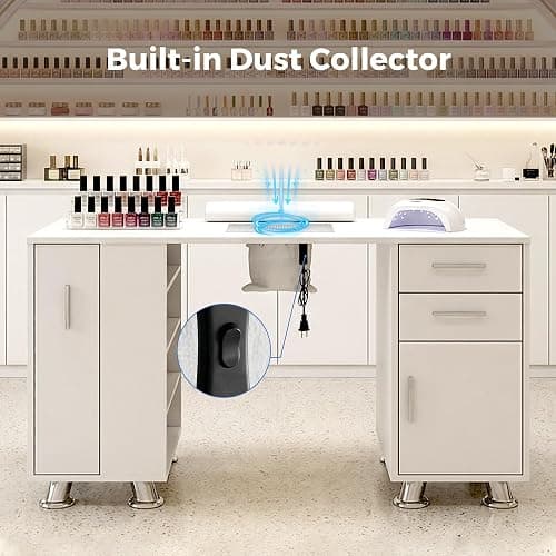 Nail Desk,Professional Manicure Table with Wrist Rest,2 Drawers&Cabinet | Nail Station Beauty Technician Desk with Electric Dust Collector& Dust Bag,Nail Table with Pull-out Locker&8 Metal Legs,White thumbnail 3