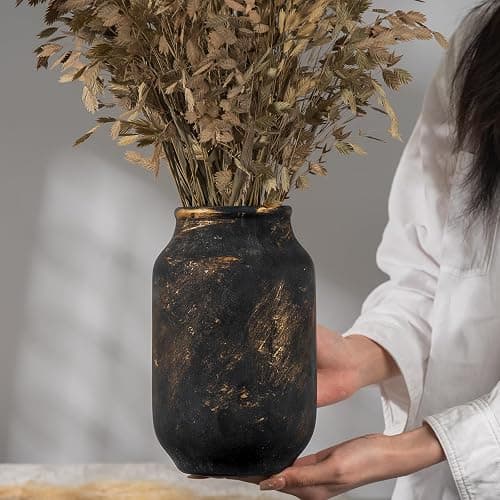 Varsoul Rustic Ceramic Farmhouse Flower Large Vase, Whitewashed Terra Cotta Vase, Pottery Decorative Flower for Home Decor, Table, Living Room Decoration, Shelf Decor, Mantel, 9.5 Inch, Bronze thumbnail 6