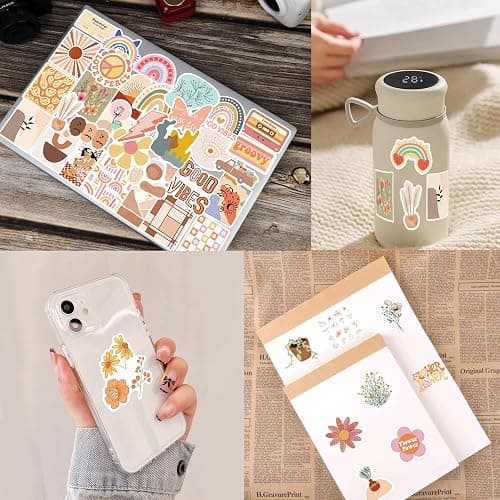 Amitorfo 100pcs Boho Aesthetic Stickers for Water Bottles & Laptops – Waterproof PVC, 5–7 cm – Retro Rainbow, Floral, Line Art & Sun Decals – Cute VSCO Vinyl Stickers for Teens, Students & Adults thumbnail 2
