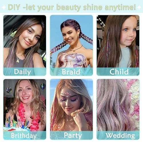 Hair Tinsel, Hair Tinsel Kit for Girls 9600 Strands Fairy Tinsel Hair Extensions Holographic Hair Tinsel Heat Resistant Colored Hair Glitter Christmas Party Festival (Dazzling Colors Series) thumbnail 4
