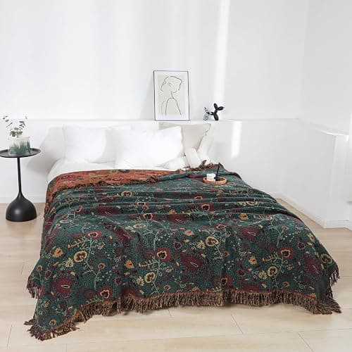 Boho Throw Blanket for Bed 100% Cotton Ultra Soft Rustic Quilt Farmhouse Decor Bed Fall Blanket,All Season Rustic Throw for Sofa Couch Chair (Flower-Dark Green, 60"×80") thumbnail 2
