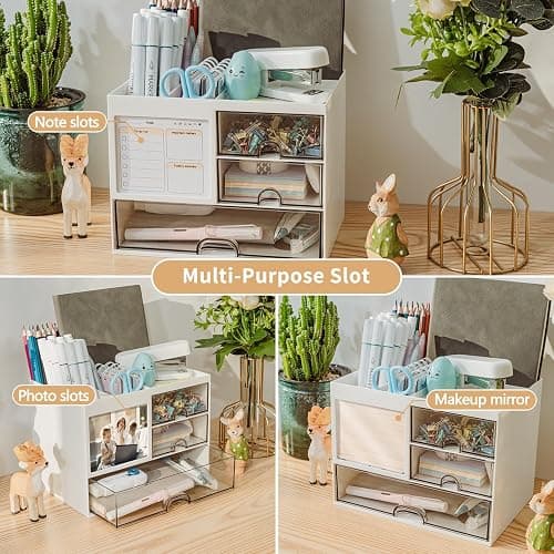 QIYVLOS Desk Organizer with 3 Drawer, Multi-Functional Pencil Pen Holder for Desk, Desk Organizers and Storage with 8 Compartments, Desktop Organizer for Office Home Art Supplies (White) thumbnail 7