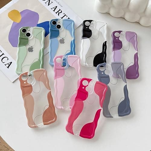 DEFBSC for iPhone 14 Plus/15 Plus Case, Cute Clear Wavy Art Design Aesthetic Pattern Phone Case for Women Girls, Wave Frame Durable Protective Cover Full Camera Protection Bumper, Yellow thumbnail 7