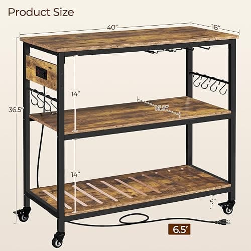 Yaheetech Kitchen Island Cart with Power Outlet, Kitchen Carts on Wheels with Storage, 3-Tier Microwave Stand with Foodpads, Glass and Mug Holders, 8 Hooks, Rustic Brown thumbnail 3