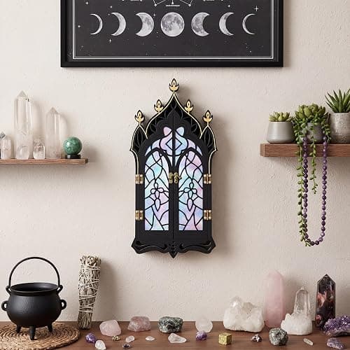 Gothic Crystal Display Shelf, Goth Wall Decor Witchy Spiritual Home Decor | Display Shelf for Gemstones, Essential Oils & Trinkets, Wooden Church Window Shelf for Bedroom Living Room, Witchy Gifts thumbnail 2