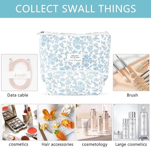 2Pcs Quilted Cotton Makeup Bag Large Travel Makeup Pouch Small Brush Holder Set for Women Floral Coquette Makeup Bag Cute Aesthetic Cosmetic Bag Blue Toiletry Organizer Storage Bag Big Zipper Pouch thumbnail 3