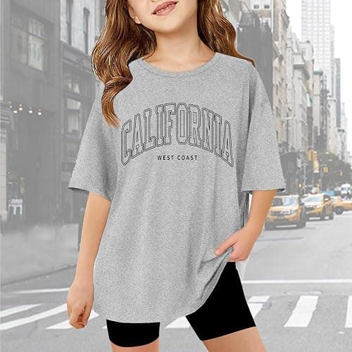 California T Shirts for Girls Letter Print Graphic Tees Oversized Casual Loose Drop Shoulder Short Sleeve Basic Summer Tops thumbnail 2
