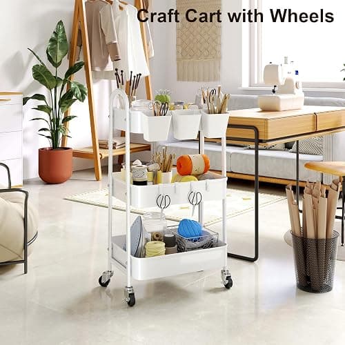3 Tier Heavy Duty White Metal Rolling Cart with Lockable Wheels, Three Tier Roller Book Snack Cart, Utility Storage Organizer Carts for Kitchen, Bathroom, Garage, Baby Diaper, Craft, Art, Teacher thumbnail 2