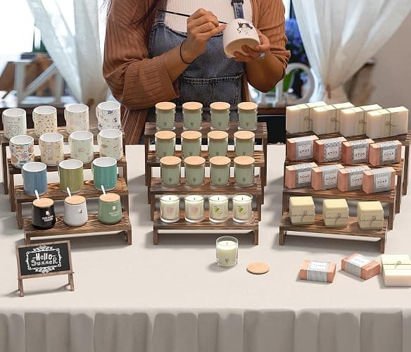 2 Set Large Wooden Tiered Riser Display Stands for Vendor Events,Stackable Wooden Cupcake Stand,Farmhouse Decor Wood Dessert Table Display Set,Vendor Booth Display Items,Food Display Risers for Party（12-11.2-10.4-9.6IN） thumbnail 6