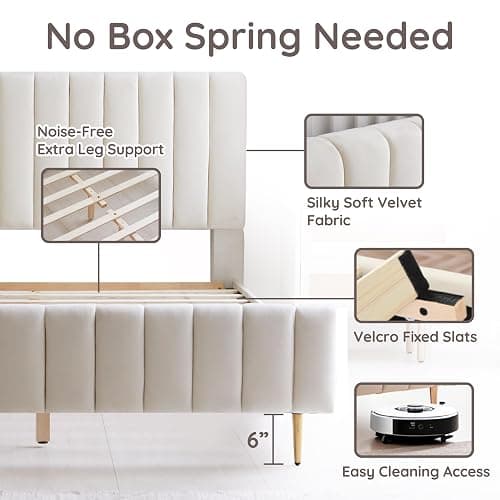 Livinia Queen Size Elton Velvet Platform Bed, Upholstered Bed Frame with Vertical Channel Tufted Headboard Footboard, Strong Wood Slats, No Box Spring Needed, Ivory (Queen) thumbnail 3