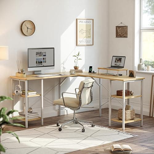 Cubiker L Shaped Gaming Desk 128 x 128 cm Computer Office Desk, Corner Desk with Dual Side Storage Shelves and Monitor Stand for Home Office Study Writing Workstation, Light Walnut thumbnail 2