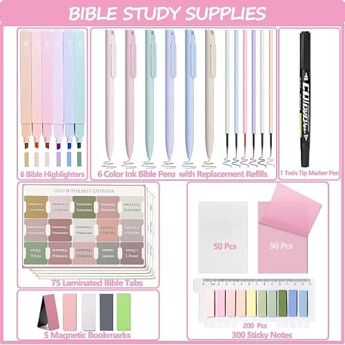 32Pcs Bible Journaling Kit,Bible Study Supplies with 6pcs Highlighters No Bleed,75 Laminated Tabs,5 Magnetic Bookmarks,300 Sticky Notes,6 Color Pens with Refills,Bible Journaling Supplies for Women thumbnail 2