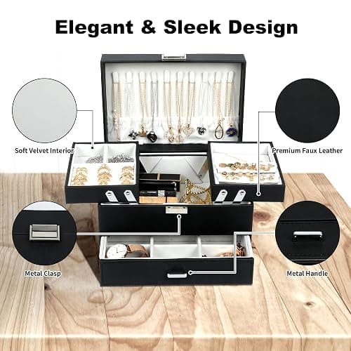 Dajasan Jewelry Boxes for Women Girls, Jewelry Organizer Box, 3 Layers Jewelry Storage Organizer for Earring, Ring, Necklace, Bracelets (Black) - Black + Leather thumbnail 7