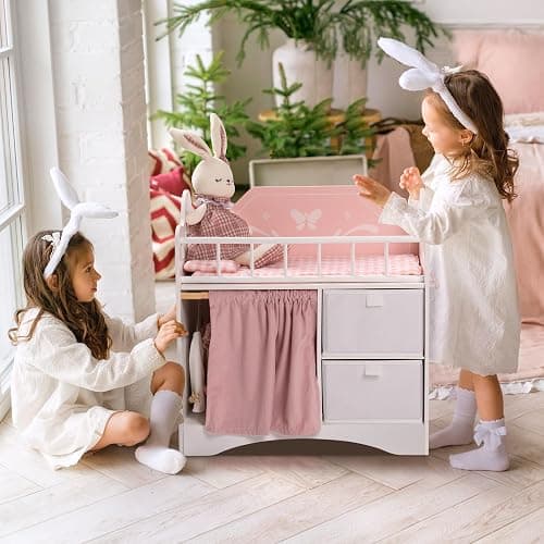 ROBOTIME Baby Doll Crib, Wooden Doll Bed, Toy Baby Crib with Storage, Bedding, and Wooden Hooks, Doll Crib Fits Dolls up to 21", Doll Furniture for American Girls Ages 3+ (Pink) thumbnail 5