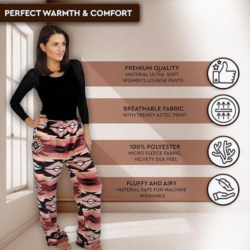 TrailCrest Ultra Soft Women’s Lounge Pants, Plush Fleece with Velvety Silk Feel, Aztec/Ikat Fun and Trendy Prints - Medium - Red and Yellow Aztec thumbnail 3