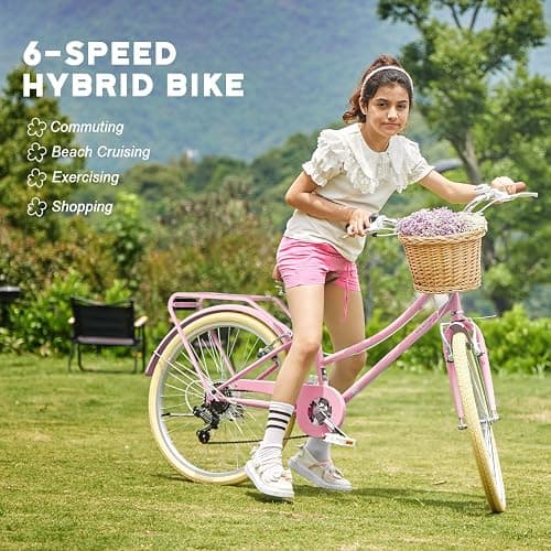 Glerc 20 24 26 Inch Beach Cruiser Bike, 6-Speed Hybrid City Bicycle for Girls Youth and Over 6 Years Old, Missy Bike with Wicker Basket & Lightweight, Multiple Colors thumbnail 2