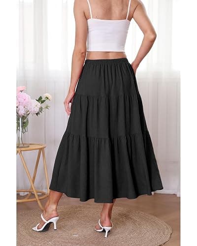 Kingfancy Women's Boho Midi Skirt A-Line Ruffle Elastic High Waist Tiered Flowy Skirts thumbnail 3
