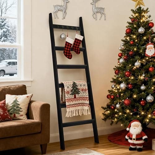 TEAKMAMA 6-Tier Blanket Ladder for Living Room and Bedroom,5.4 Ft Wall Leaning Quilt Rack with Hooks,Rustic Decorative Farmhouse Blanket Storage,Stylish Ladder Holder,Christmas Decorations,Black - Image 1