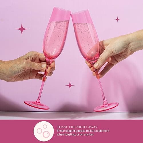 Paris Hilton Champagne Flute Set, Handmade Glass Collection in Paris Signature Pink, Perfect for Parties and Special Occasions, Serve Champagne, Prosecco, Mimosas and More, 8-Ounce, 2-Piece Set, Pink thumbnail 4