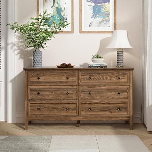 CARPETNAL 55" Walnut Dresser for Bedroom, 6 Drawer Dresser with Wide Drawer and Metal Handles, Wood Dressers & Chests of Drawers for Hallway, Entryway. thumbnail 4