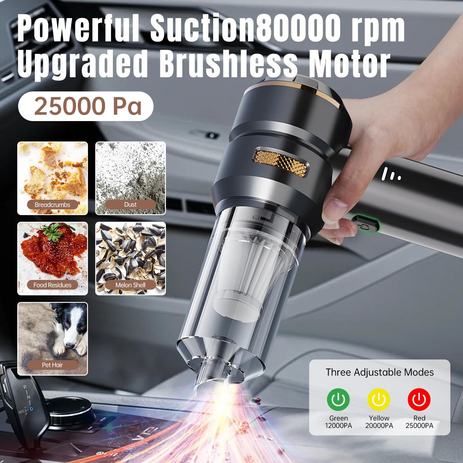 Handheld Vacuum Car Vacuum Cleaner,25000Pa Powerful Brushless 4-in-1,Car Vacuum Cordless,Low Noise Rechargeable Mini Vacuum for Vehicle,Home, Office,Keyboard,Pet Hair(Black Gold) thumbnail 5