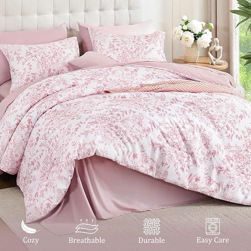 WONGS BEDDING King Size Comforter Set, 8 Pieces Pink Floral Bed in a Bag Comforter Sets, Botanical Print Soft Fluffy Microfiber Complete Bedding Sets for All Season (90"x104") thumbnail 4