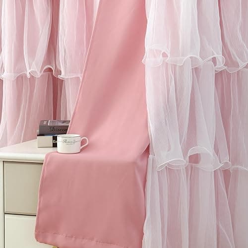 PLEGOS Pink Curtains for Girls Bedroom Blackout Nursery Curtains Double Layer White Ruffle Sheer Overlay for Kids Toddler Room Privacy Room Darkening Window Drapes 52 x 84 Inch thumbnail 7