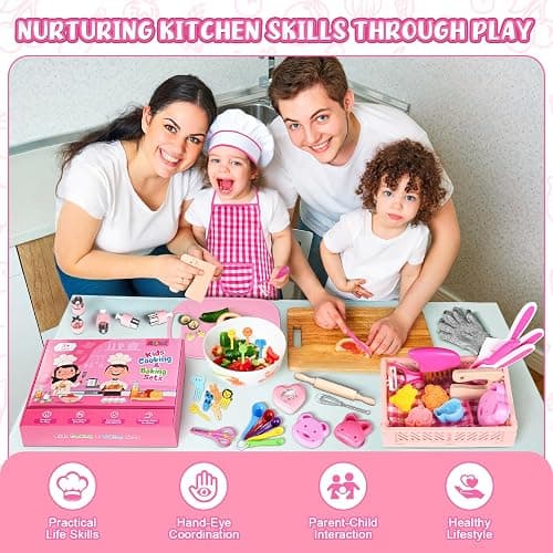 Kids Knife Set for Real Cooking: 48PCS Kids Kitchen Set, Kids Cooking Sets Real with Apron＆Basket, Kid Kitchen Accessories, Toddler Baking Kitchen Tools, Montessori Toys for 3+ Year Old Birthday Gifts thumbnail 2