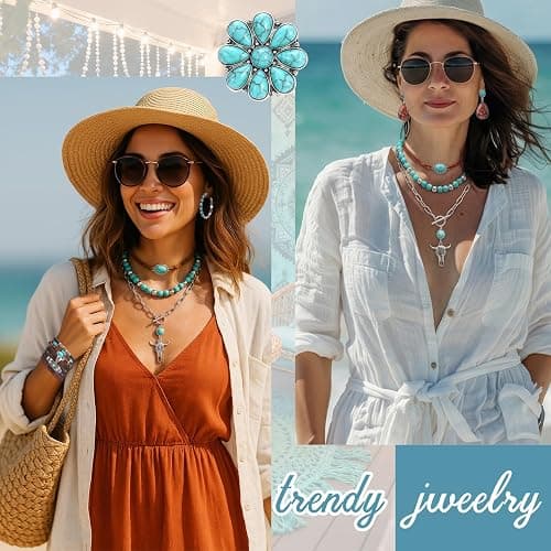 Zhamate Western Jewelry Set - Boho Turquoise Dangle Earrings Necklace Faux Leather Bracelet Ring with Concho Belt for Women thumbnail 5