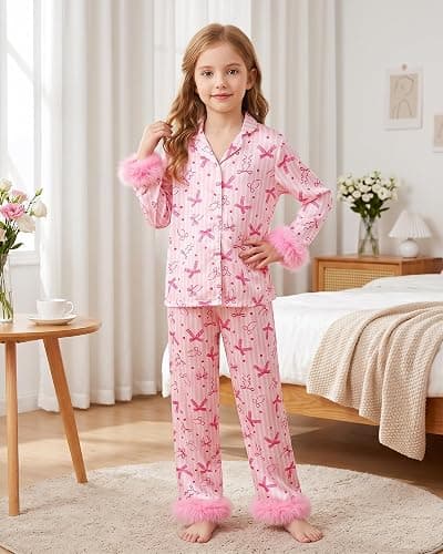 CARETOO Girls 2 Piece Pajamas Set Satin Sleepwear Long Sleeve Jammies for Kids Button-Down Nightwear Loungewear 4-12 Years thumbnail 3